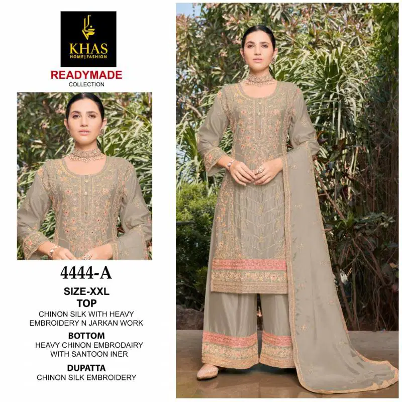 Khas 4444 Chinon Silk Embroidered Kurti Bottom With Dupatta Wholesale Price In Surat